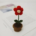 Handmade crochet red flower potted plant with green leaves and a brown knit base - Red Puff Flower Pot