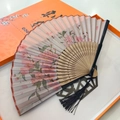 Vintage Chinese folding fan with pink floral pattern, black tassel and orange gift box - Peach Blossoms Abloom