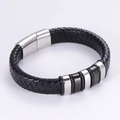 Bracciale da uomo in pelle PU nera intrecciata con dettagli argento e chiusura magnetica inox - Fibbia Magnetica Color Acciaio