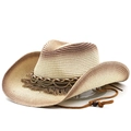Straw cowboy hat for men featuring a brown gradient finish and decorative tassel band - M(56-58cm) / Beige Coffee Gradient