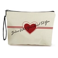 Borsa per trucco in tela crema con cuori rossi e scritta su sfondo bianco puro - Stampa a Cuore Bianco Crema (Believe What Your Heart Tell You) / 17*25cm (Lino) con Cinturino