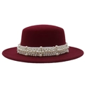 Detail of burgundy wool felt flat top hat featuring elegant multi-layer pearl decoration - M / Wine Red (Large Pearl)