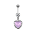 Silver heart belly button ring with pink pearlescent inlay and clear gemstone - Beaded Pink Heart