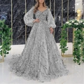 Elegante abito da sera argento con ricami di paillettes e maniche a lanterna velate - Grigio