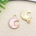 Süße rosa Emaille-Mond und goldene Feder Anhänger aus Legierung für DIY Schmuck - 1 Stk. Rosa Mond
