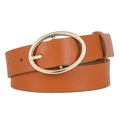 Women's leopard pattern PU leather belt with a large golden oval metal buckle - Camel