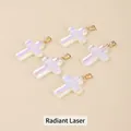 Five pieces of iridescent purple glass cross pendants with golden metallic clasps - 25x18x4mm / Iridescent
