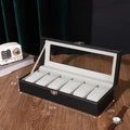 6-slot black leather watch box with clear glass lid and soft velvet interior lining - 6-Slot Watch Box Black/Grey Interior