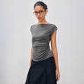 Slim fit women's round neck grey sleeveless top paired with black pleated skirt - L / Dark Gray