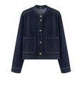Detail of dark blue denim jacket featuring classic brown buttons and front patch pockets - XS / Navy Blue