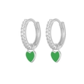 Detail of silver hoop earrings with green heart charms and white zircon insets - Platinum-Green