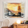 3D window view wall tapestry featuring a classic sailboat on a sunset ocean scene - Faux Window Sunset Ocean & Sailing Boat
