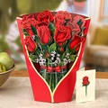 3D pop-up Mother's Day greeting card featuring red roses bouquet in a clear vase - Red Rose