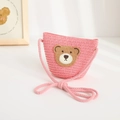 Pink woven straw crossbody bag for kids featuring a cute embroidered bear patch decor - Sakura Pink (Bag)