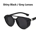 Lunettes de soleil steampunk noir brillant avec protections latérales et verres gris - Noir Brillant/Verres Gris
