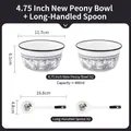 Set di 2 ciotole di riso in ceramica con motivi floreali neri e 2 cucchiai lunghi - Ciotola da 4.75 Pollici + Cucchiaio - 2 Pezzi
