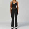Completo yoga due pezzi nero da donna con bordo a contrasto e pantaloni svasati - Taglia S / Top E Pantaloni / Gilet + Pantaloni a Zampa / Nero premium