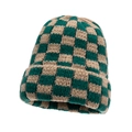 Checkered knit beanie in dark green and beige with thick folded cuff for winter warmth - Green and Brown Checkerboard