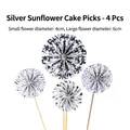 Set of 4 silver sunflower cake toppers with stripe and polka dot patterns on wooden sticks - Silver Sunflower Topper