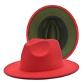 Detail view of two-tone wool fedora hat with red top and army green wide brim underlay - M (56-58cm) / Red + Army Green