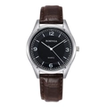 Detail of quartz watch featuring dark brown crocodile leather strap and black dial - Brown Strap Black Dial