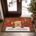 Rote und grüne Weihnachtsfußmatte mit Rentier und Merry Christmas Aufdruck - Stil-Cartoon Rentier