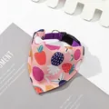 Adjustable purple pet bandana collar with vibrant multi-colored fruit prints for small dogs - Delicious Fruit