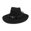 Classic black woven western cowboy hat with silver bull head emblem and wide brim - Black Leather White Bull Head Decor / Black