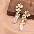 Vintage gold flower earrings with baroque pearls and lapis lazuli accents for women - Flower Shaped Long Baroque Pearl Drop