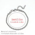3mm silver rope chain bracelet in stainless steel with adjustable lobster clasp - Rope Chain Style / 3mm Wide (17+5cm) / Steel