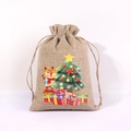 Christmas burlap drawstring bag featuring festive reindeer and tree holiday pattern - Reindeer & Tree G-04 / 15*20cm