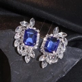 Elegant luxury long tassel earrings with blue rectangular gemstone and sparkling rhinestones - Rectangular Cluster Style / Blue