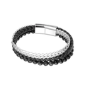Bracciale da uomo a tre strati in pelle intrecciata nera, catena e perline opache - Agata nera