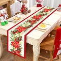Detailed embroidery of poinsettia and holly leaves on festive beige Christmas table runner - 181x35.5cm