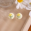 French style round matte earrings with hand-painted yellow flowers and green leaves - Beige Matte Floral Studs