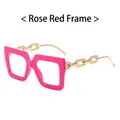 Fashionable rose red square frame glasses with gold metal chain temples for women - Rose Red Frame