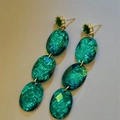 Vintage emerald geometric long drop earrings with gold needle and foil texture finish - Green