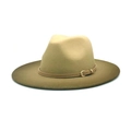 Classic khaki wool felt jazz fedora with leather band and golden metal buckle decoration - Khaki Thin Belt Decor / Army Green/Light Camel Gradient