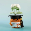 Handmade crochet orange potted plant with graduation cap and 2025 tag for teacher gift - Graduation Cap Double-head Rose White