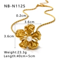 Detailed view of 18k gold plated flower necklace with dimensions and pearl inlay details - Gold Flower Pearl Style (NB-N1125) / 18K Gold