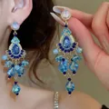 Boucles d'oreilles vintage dorées avec franges en cristal bleu et détails en strass - 37# Boucles d'oreilles gland perles de verre strass bleu doré (aiguille en argent)