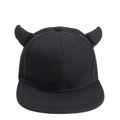 Black snapback baseball cap with devil horns, featuring a stylish flat brim design - Black