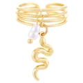 Detail view of gold layered ring featuring a snake pendant and white pearl charm - Snake Style (N-887)