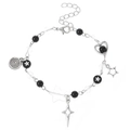 Black beaded charm bracelet with cutout heart and hollow star pendants in punk style - Antique Silver Star Style (7748)