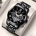 ORUSS men's luminous waterproof watch with black steel strap and skeleton chronograph dial - Black Strap Black Dial