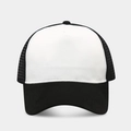Detailed front view of black and white trucker hat showing breathable mesh and solid fabric - White and Black Patchwork
