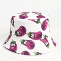 Detail of white cotton bucket hat featuring cute cartoon eggplant patterns and fine stitching - Eggplant