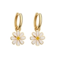 Golden hoop earrings with white daisy enamel charms on a clean white background - Type D White