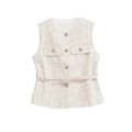 Detalle del chaleco de tweed boucle crema con botones dorados en relieve y tejido texturizado - M / Blanco Roto