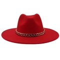 Close-up of wide brim red wool fedora hat featuring a bold gold metal chain decoration - Adult (57-60cm) / Bright Red (Acrylic)